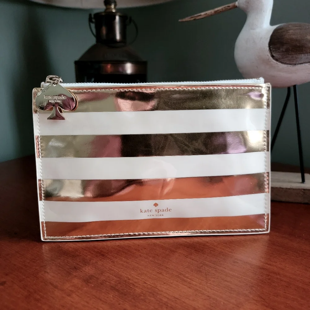 Kate Spade Gold Metallic Striped PVC Cosmetic Makeup Pouch